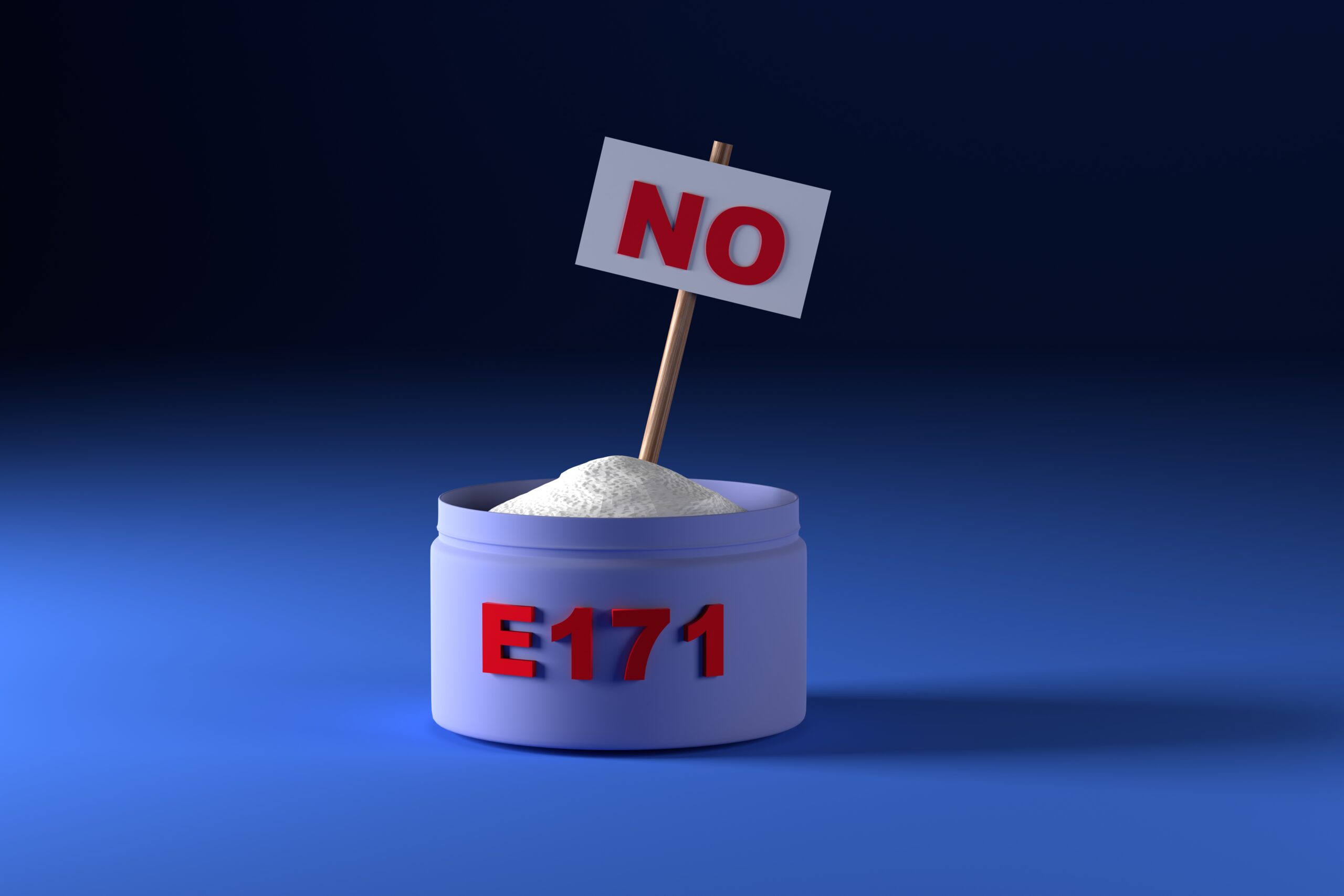 Prohibition of Titanium dioxide in the European Union. Food supplement E171 and the inscription no on a blue background. 3D render.
